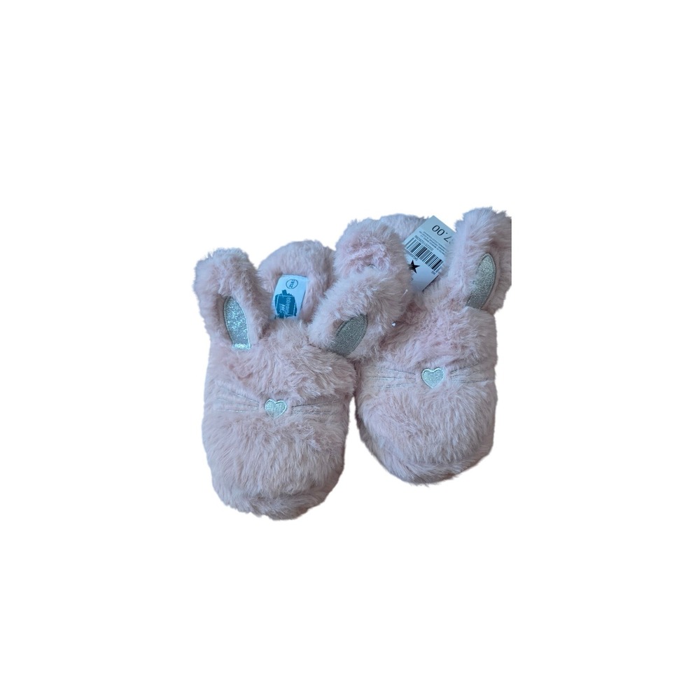 Kids Pink Faux Fur Bunny Slippers Silver Glitter Ears Heart  Slip On NWT 13/1